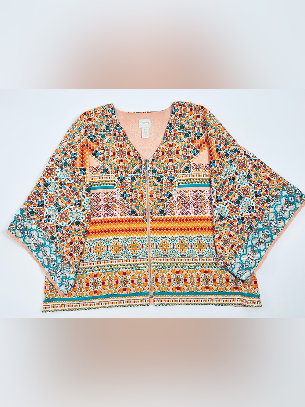 Chico’s V-neck zip front wide arm orange red green print tunic - size 1 petite